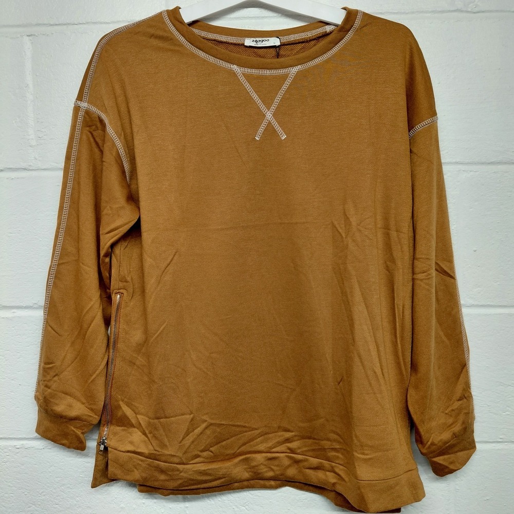Zeagoo Long Sleeve Crew Top Carmel Brown Side Zip Stretchy Womens MEDIUM Shirt‎